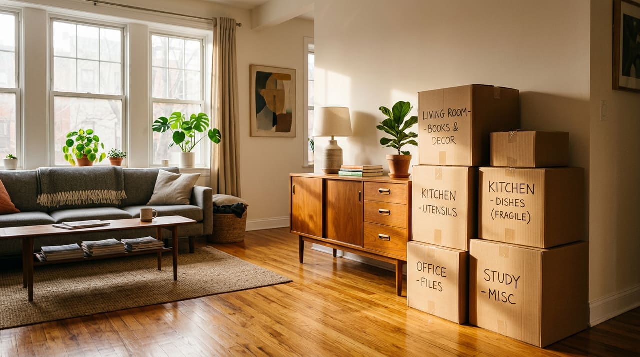 Sun-lit living room with neatly labelled moving boxes beside furniture